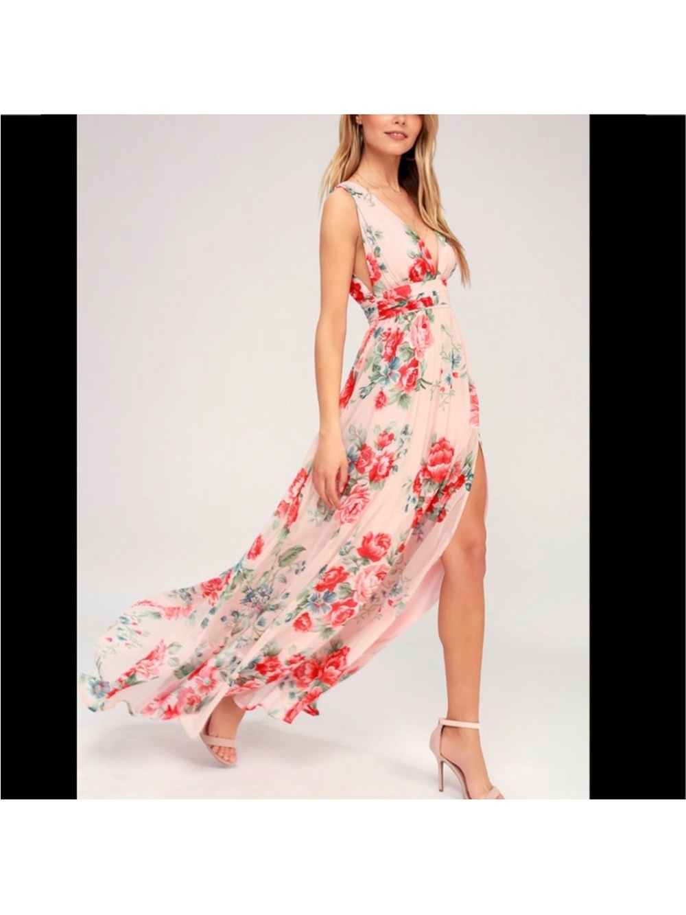 NEW Lulu’s Garden Meandering Back Blush Floral Print Maxi Dress plunge neck slit